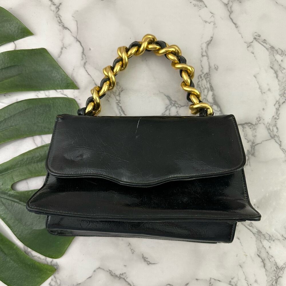 Vintage 60s Faux Patent Leather Top Handle Purse Bag Black Gold Chain Square